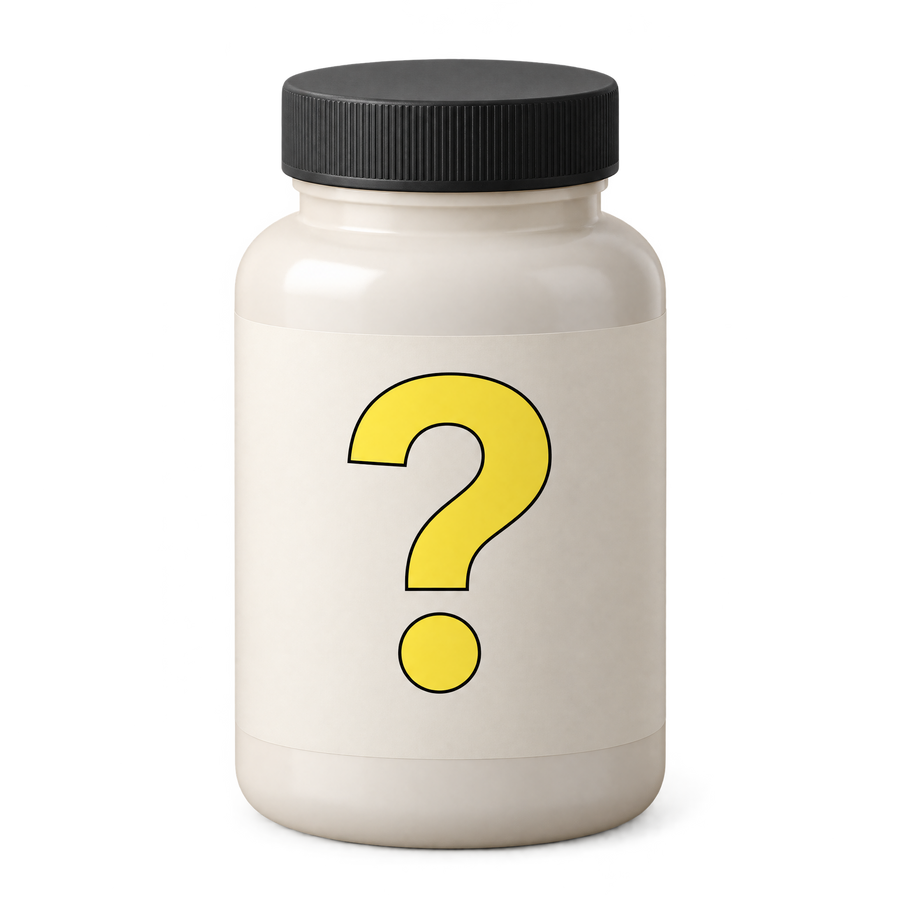 A plain supplement jar with a question mark on its label