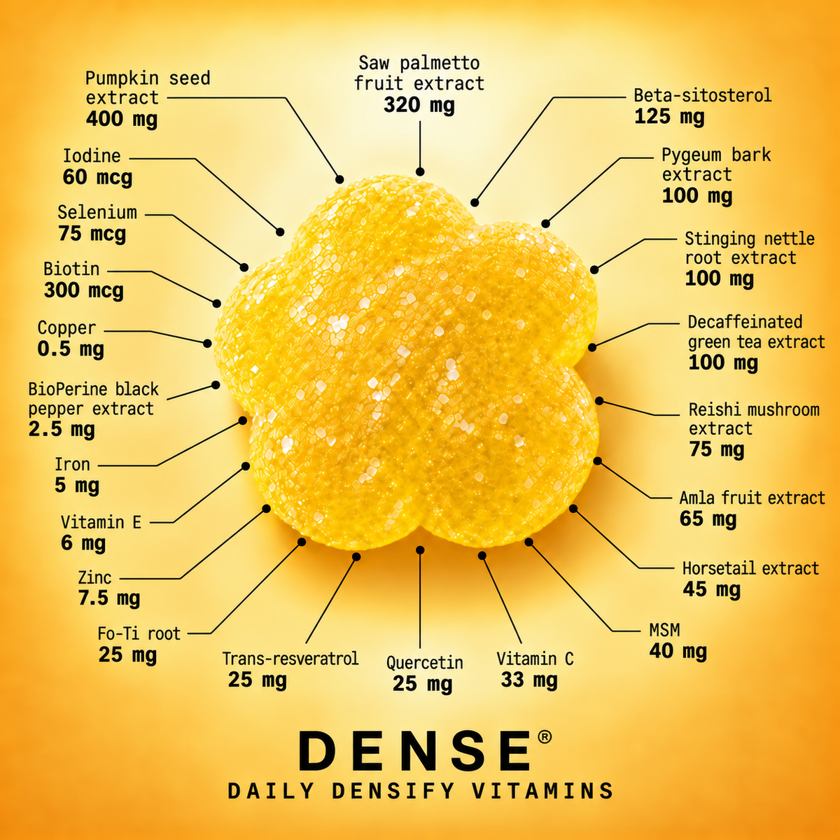 Daily Densify gummy with all 22 active ingredients and their doses labelled