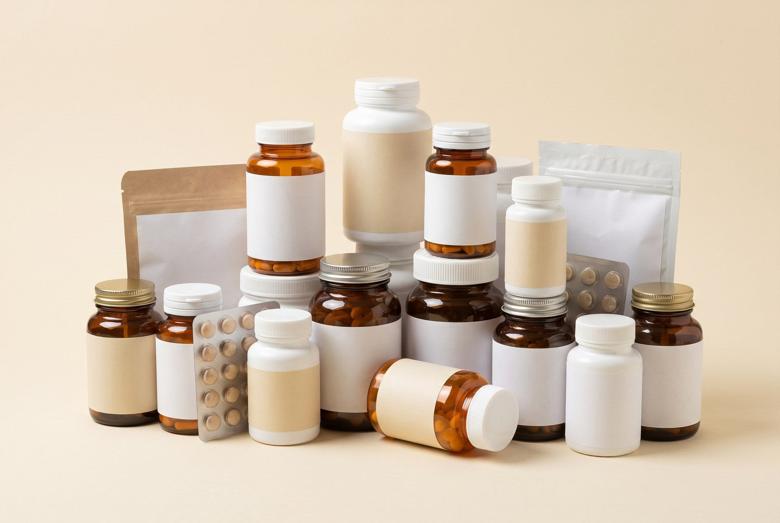 A pile of twenty separate supplement bottles